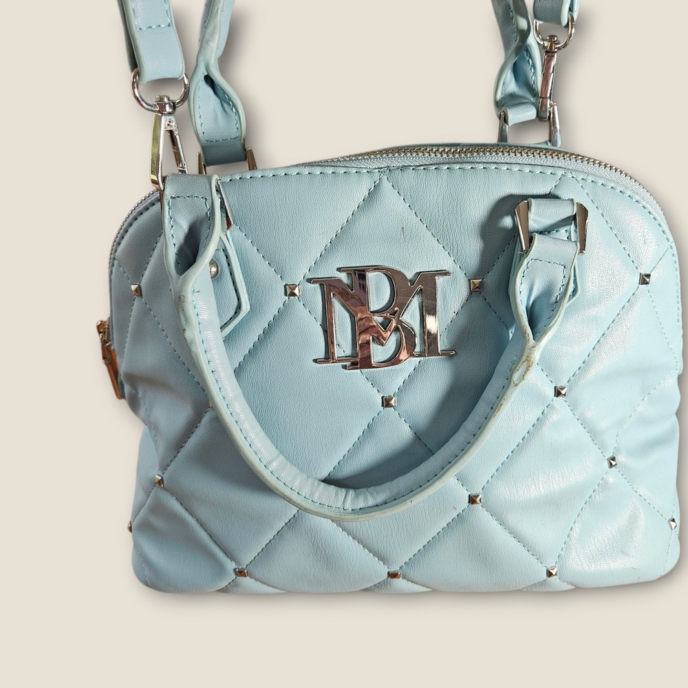 Badgley Mischka Blue Quilted Dome Satchel‎ Crossbody Studded Handbag Vegan